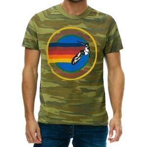 Aviator Nation Olive Camo Short Sleeve Tee with Rainbow Surf Logo Size L